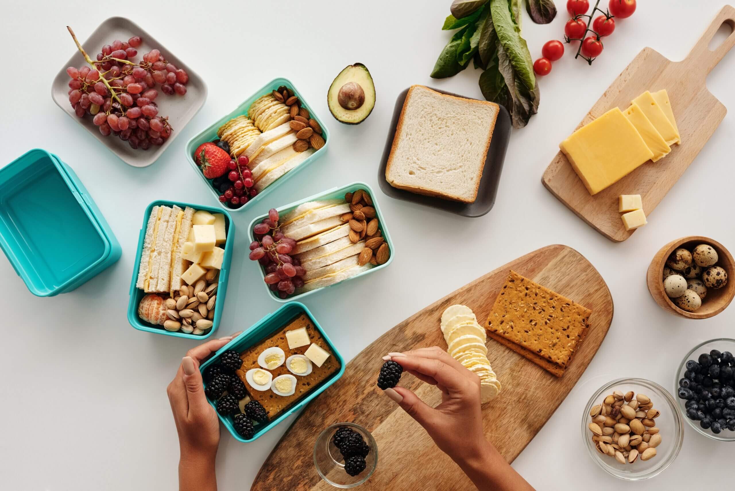 A bunch of food items kept on a white background